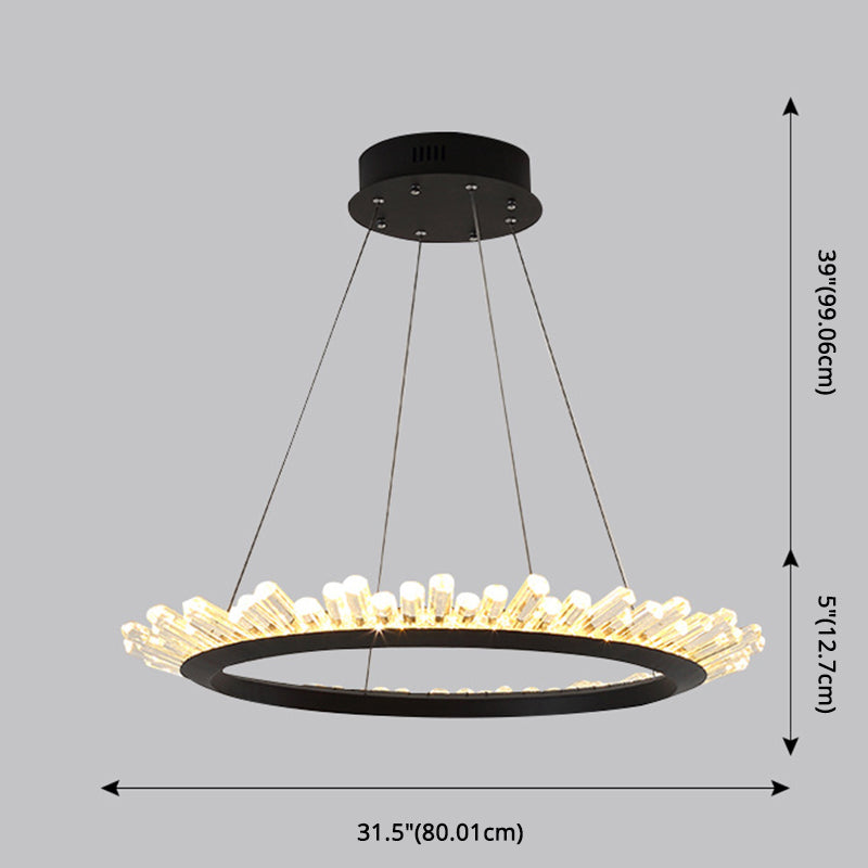 Minimalist Ring-Shape LED Chandelier Crystal Stick Living Room Hanging Light in Black