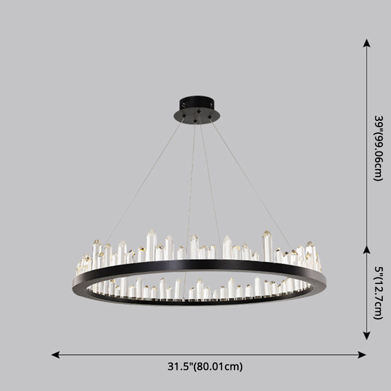 Minimalist Ring-Shape LED Chandelier Crystal Stick Living Room Hanging Light in Black