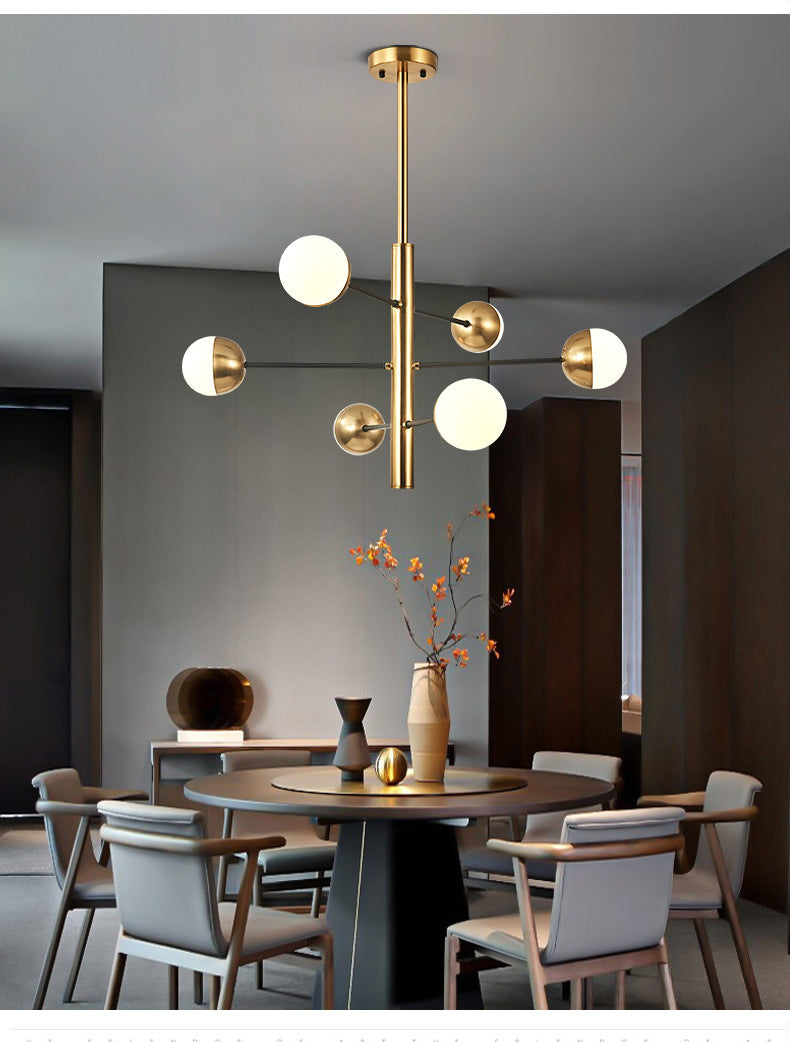 Gold Vertical Pendant Chandelier Postmodern Opal Ball Glass Hanging Light for Dining Room
