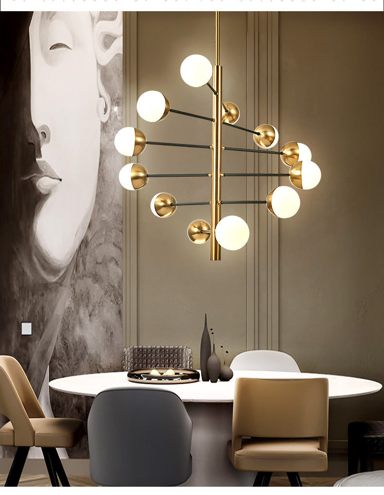 Gold Vertical Pendant Chandelier Postmodern Opal Ball Glass Hanging Light for Dining Room