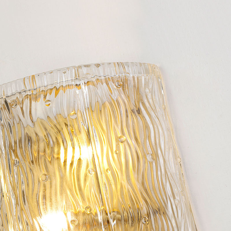 Half-Cylinder Wall Sconce Fixture Modernism Clear Ripple Glass 2 Lights Hallway Wall Lighting in Gold Finish