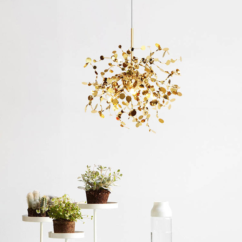 Stainless Steel Leaves Pendant Light Modern 3-Light Sequin Chandelier for Clothing Store