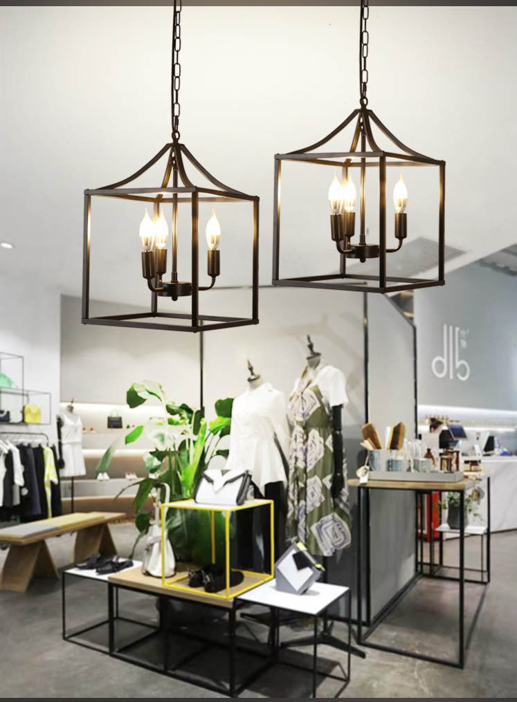 Lámpara de lámpara de metal de jaula colgante de 3 luces negras