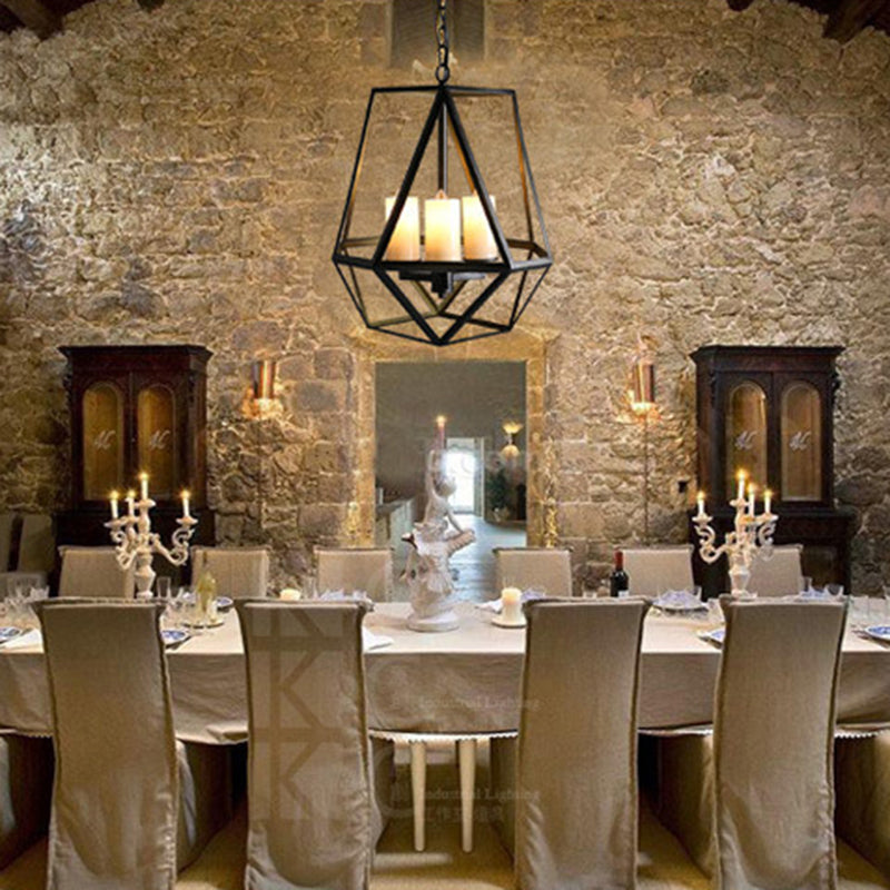 Metal Black Finish Chandelier Caged Country Style Suspension Light with Faux Candles