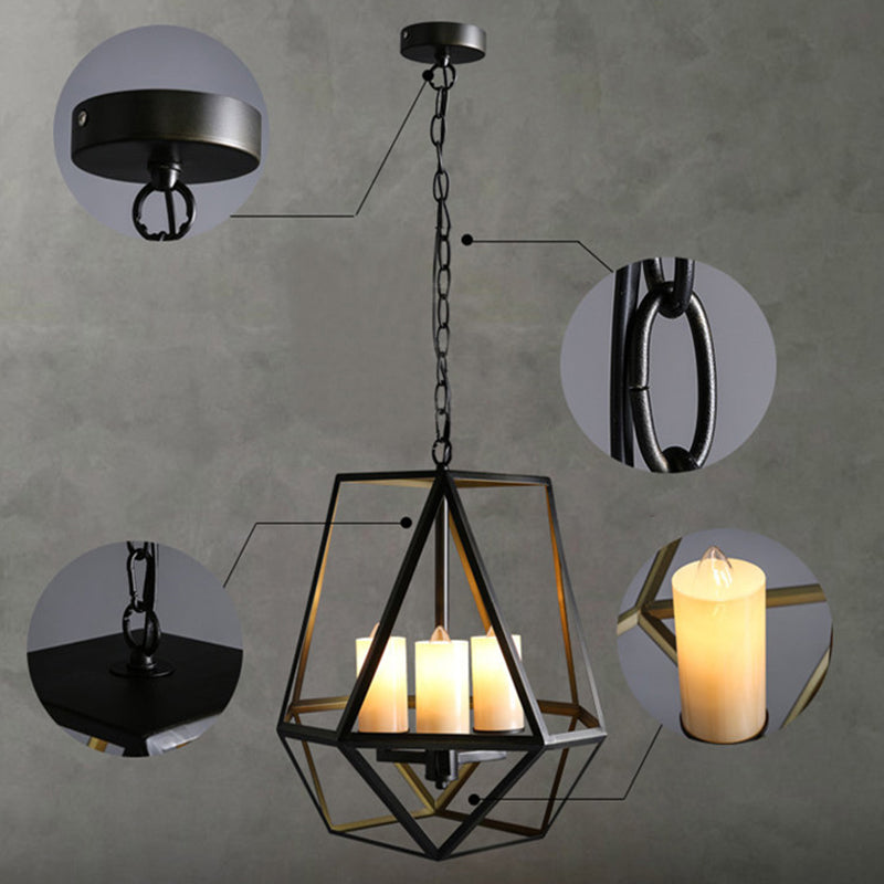 Metal Black Finish Chandelier Caged Country Style Suspension Light with Faux Candles
