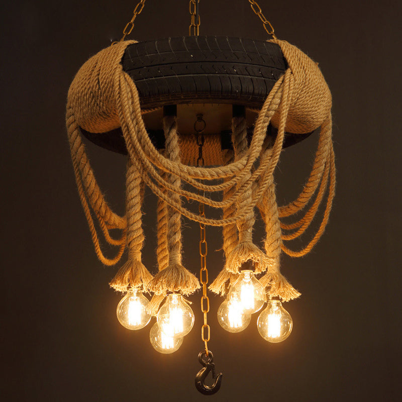 Black Tyre Chandelier Factory Rubber 6-Bulb Bistro Suspension Lamp with Hemp Rope