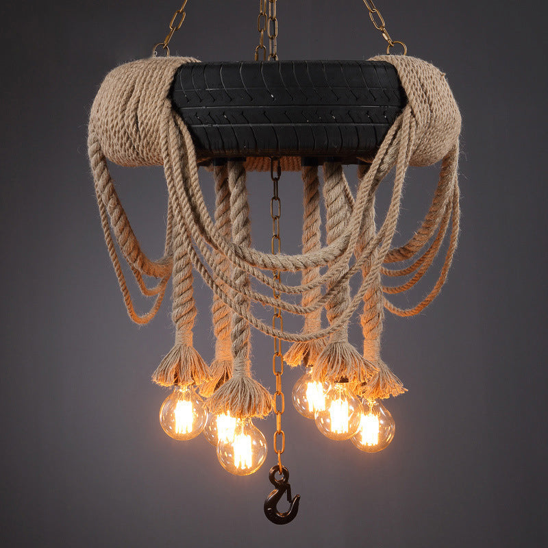 Black Tyre Chandelier Factory Rubber 6-Bulb Bistro Suspension Lamp with Hemp Rope