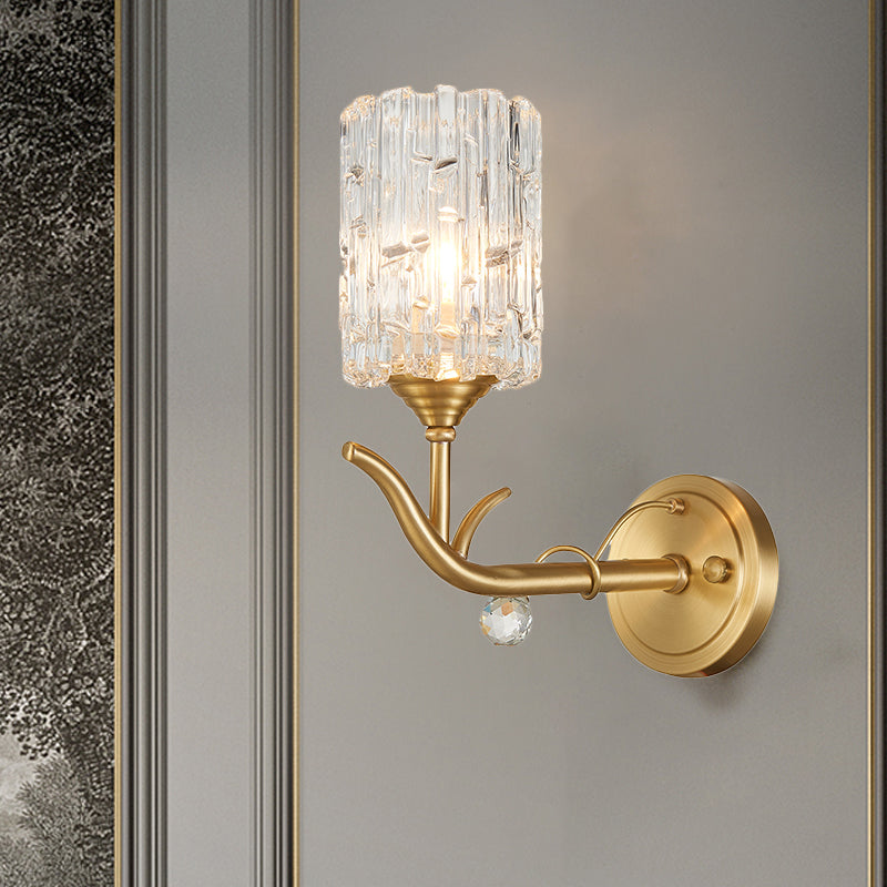Cylindrical Corridor Wall Mount Light Clear Glass 1/2-Head Vintage Style Wall Sconce in Gold Finish