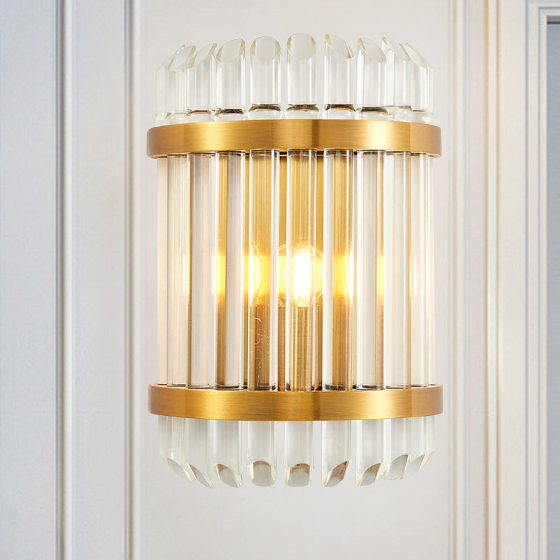 1/2 Lights Bedside Wall Sconce Modern Style Golden Wall Mount Light with Cylinder Clear Crystal Shade, 12"/21.5" W