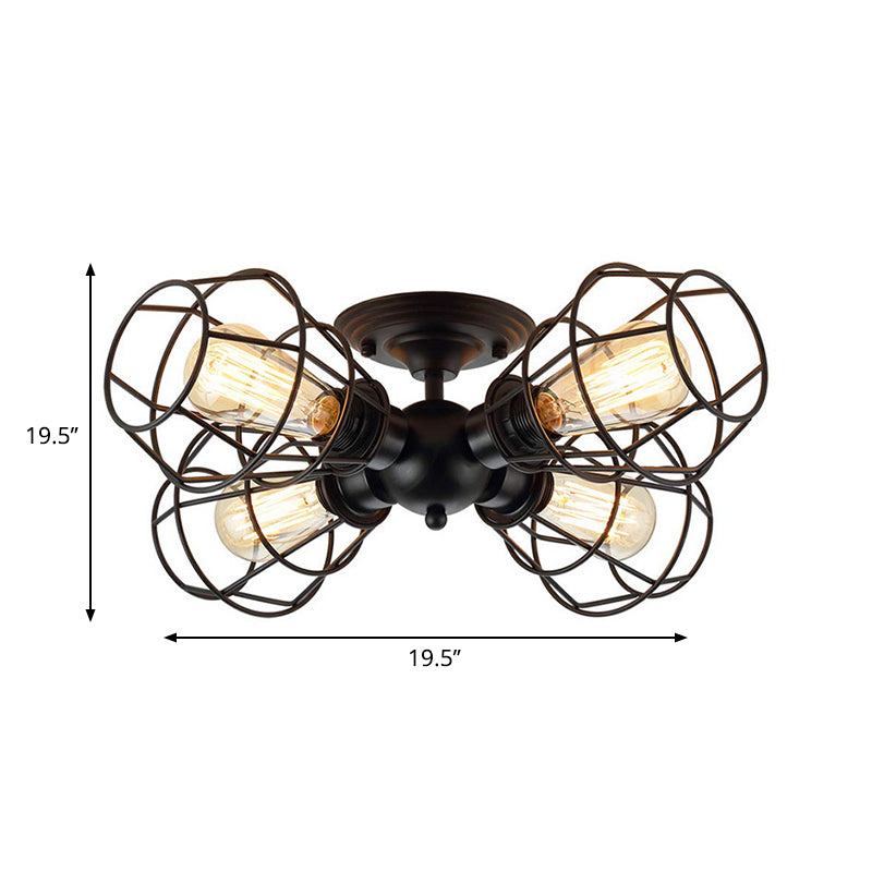Tombra de jaula Semi Flush Costa Ligera Industrial 4 Cabezas Negro Semi Montaje Iluminación para sala de estar