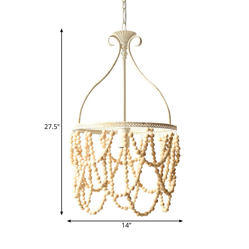 Wooden Beaded Pendulum Pendant Country Style 1 Bulb White Ceiling Lamp with Iron Bellied Vase Hanging Frame