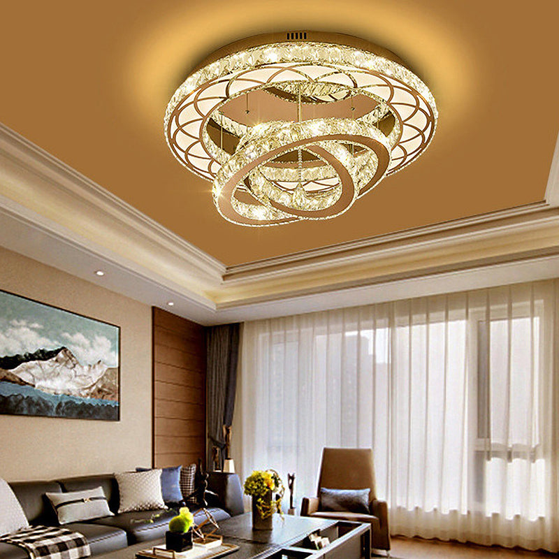 23.5“/31.5” Wide Ring Crystal Flush Mount Lamp Modern LED Living Room Ceiling Mounted Fixture in Chrome