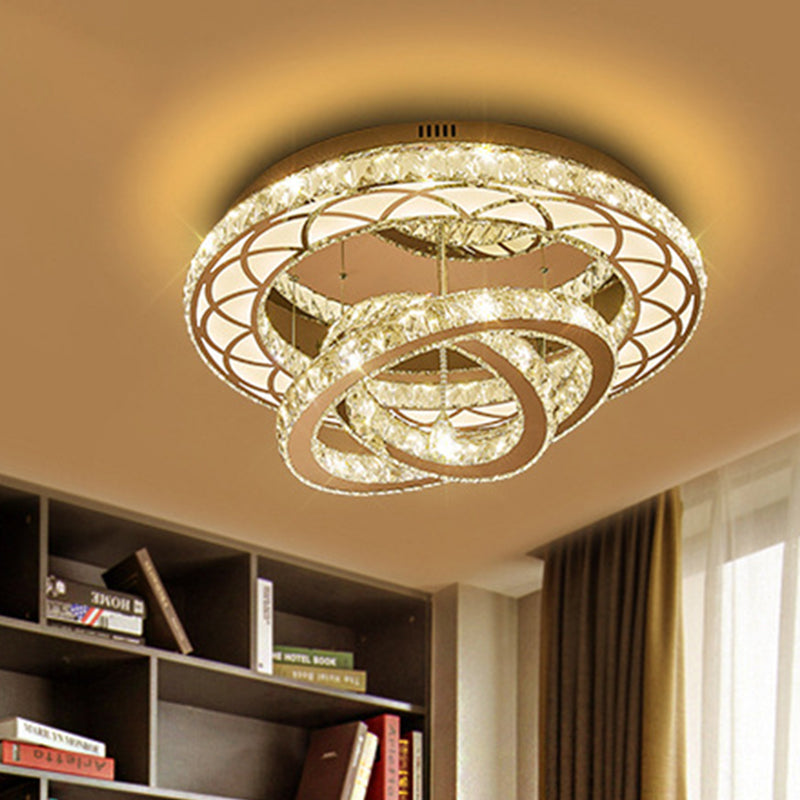 23.5“/31.5” Wide Ring Crystal Flush Mount Lamp Modern LED Living Room Ceiling Mounted Fixture in Chrome