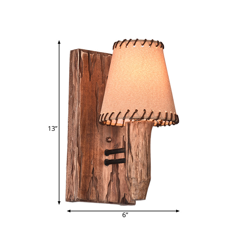Vintage Tapered Sconce Light 1/2 Lights Fabric Wall Mounted Lighting in Wood for Dining Room