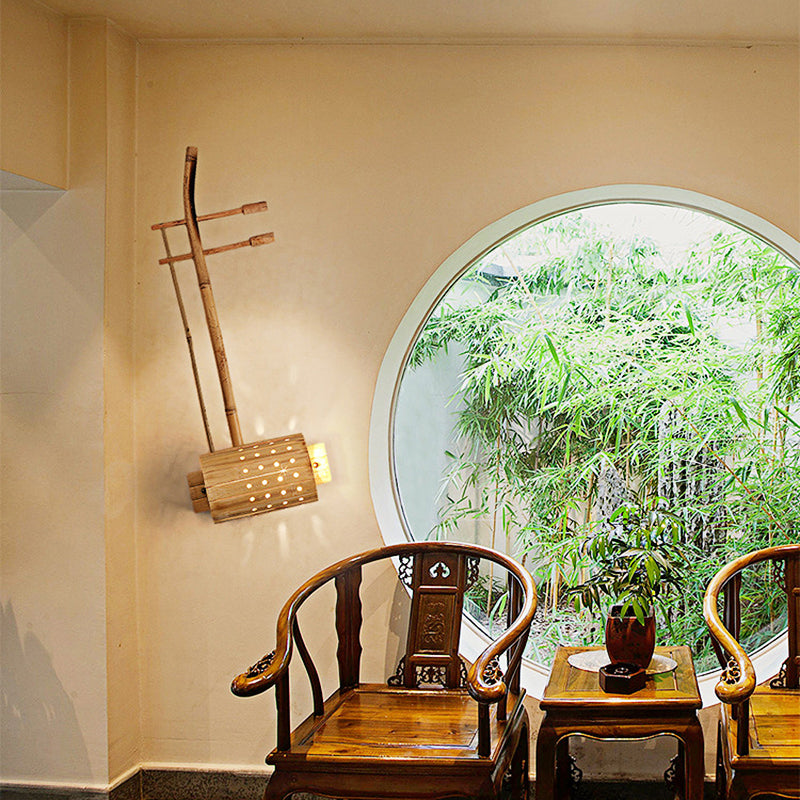 1 Bulb Tearoom Sconce Lamp Asian Wood Wall Light Fixture with Erhu Bamboo Shade