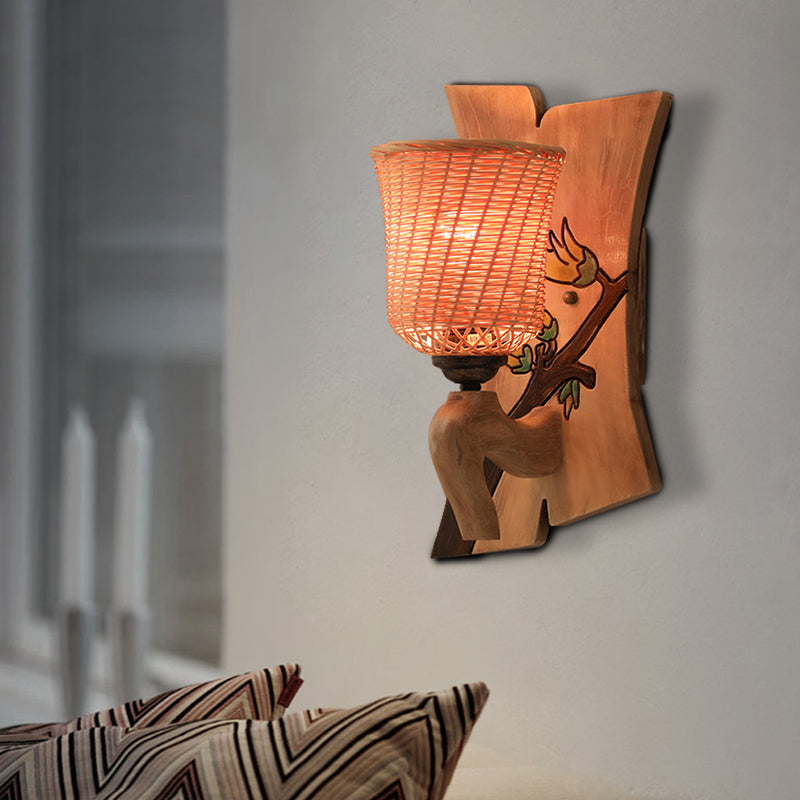 Wood Kettle/Bell/Trumpet Sconce Light Traditionary Bamboo 1 Bulb Up/Down Wall Mounted Lamp with Hemicylinder/Block Backplate