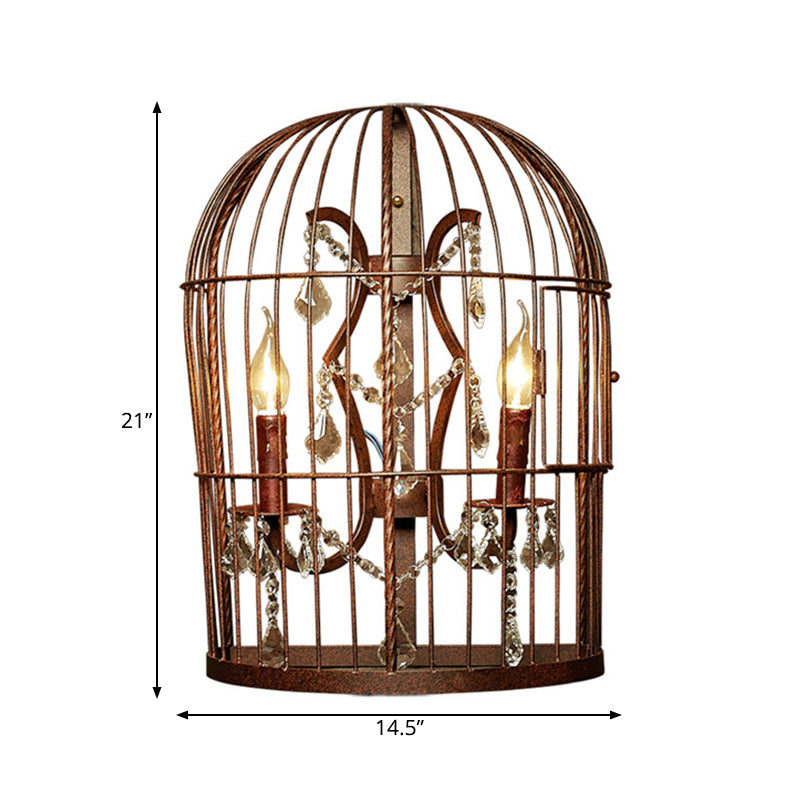 Rust 2-Light Sconce Light Country Metal Birdcage Mur Mur Lighting pour le salon avec Crystal Drop