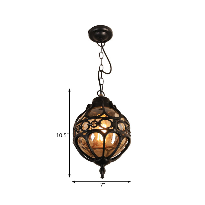 Restaugatura rotonda Hanging Light Farmhouse Amber Glass 1 Lampada a sospensione a soffitto nero/ottone con gabbia