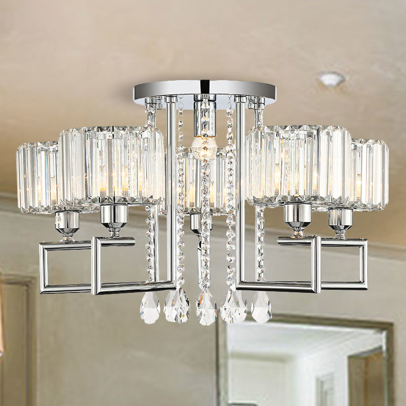 Tambour à tambour en cristal côtelé plafonnier moderne lampe à chasse d'eau en argent moderne 4/6 de lumière avec cadre de défilement