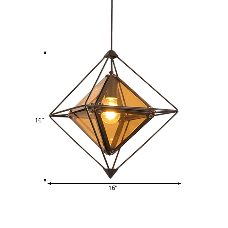 Black/Gold/Amber Glass 1-Light Drop Pendant Colonial Diamond Shape Ceiling Light Fixture with Exterior Iron Frame