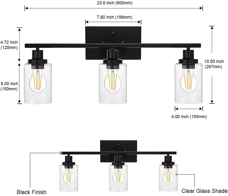 3-Licht-Zylinder Waschtischwandleuchten Retro Industrial Style Glass Waschtisch Licht