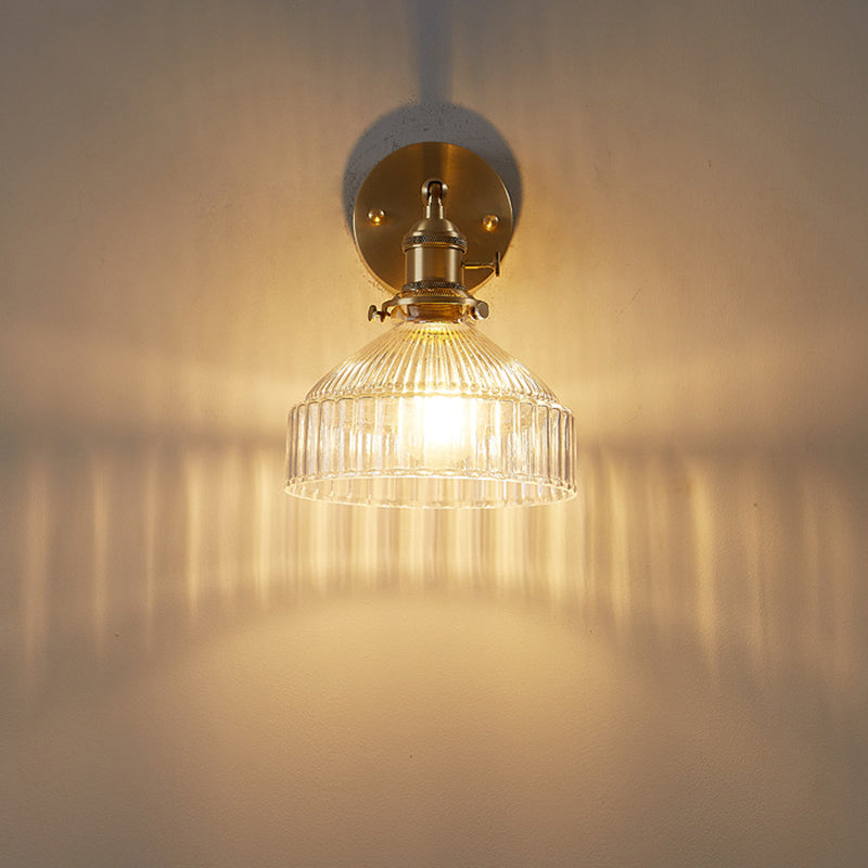 Industrial Wall Lamp Pressed Ribbed Glass Wall Light Sconce in Gold Finish for Bedroom