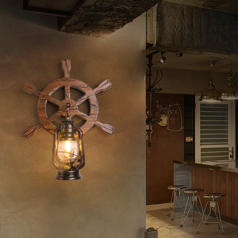Industrial Nautical Style Wall Sconce Vintage Wooden Rudder Wall Lamp for Restaurant Bar
