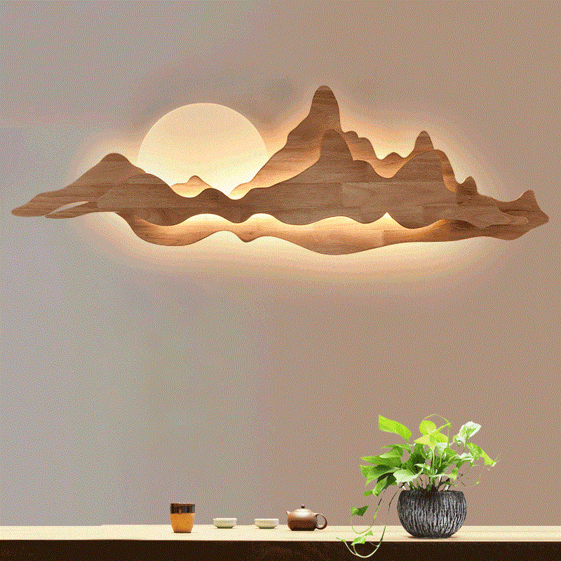 Applique murale en bois de Style chinois, idées d'éclairage en forme de montagne et de lune pour le salon
