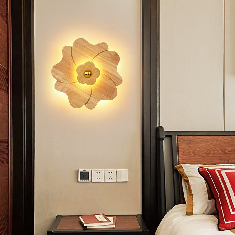 Flower Shape Wooden Sconce Light Chinese Style Wall Lighting Ideas for Bedroom Tearoom