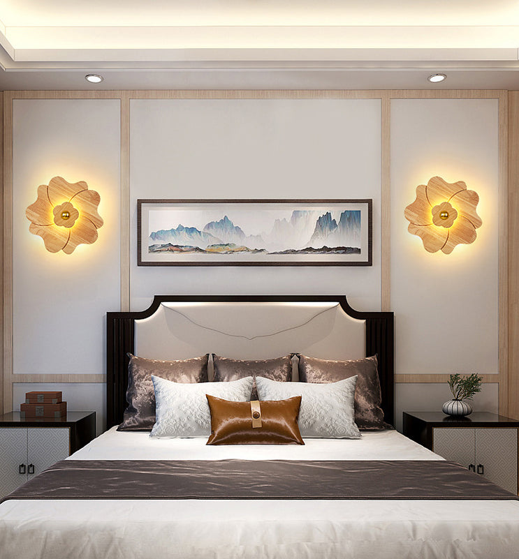 Flower Shape Wooden Sconce Light Chinese Style Wall Lighting Ideas for Bedroom Tearoom