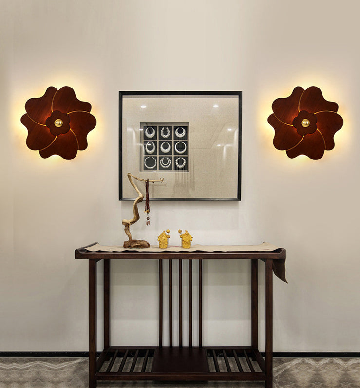 Flower Shape Wooden Sconce Light Chinese Style Wall Lighting Ideas for Bedroom Tearoom