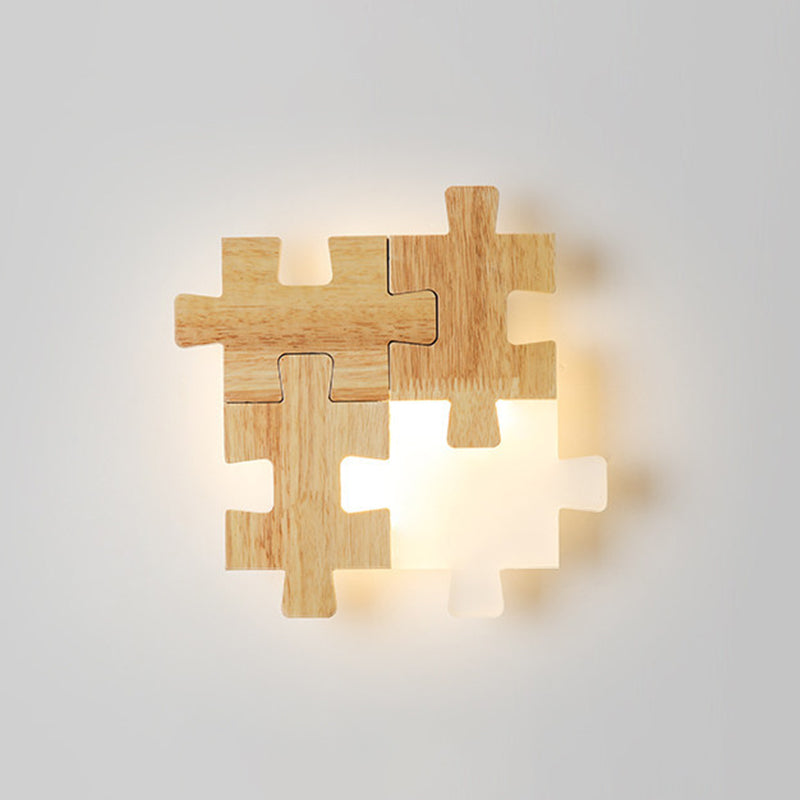 Jigsaw Puzzle Wall Mount Lamp Creative LED Wooden and Acrylic Shade Sconce Light for Bedroom