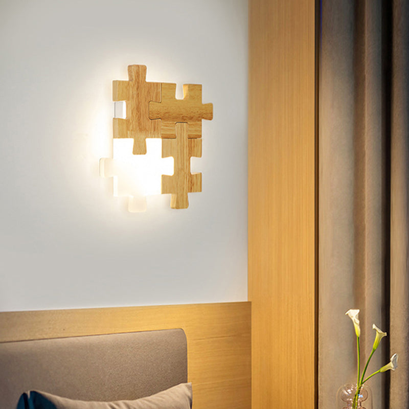 Jigsaw Puzzle Wall Mount Lamp Creative LED Wooden and Acrylic Shade Sconce Light for Bedroom