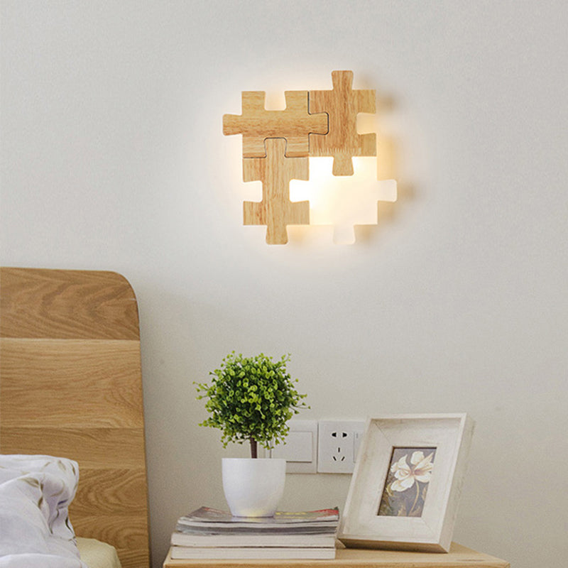 Jigsaw Puzzle Wall Mount Lamp Creative LED Wooden and Acrylic Shade Sconce Light for Bedroom