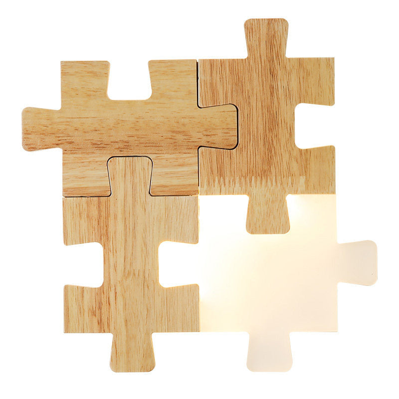 Jigsaw Puzzle Wall Mount Lamp Creative LED Wooden and Acrylic Shade Sconce Light for Bedroom