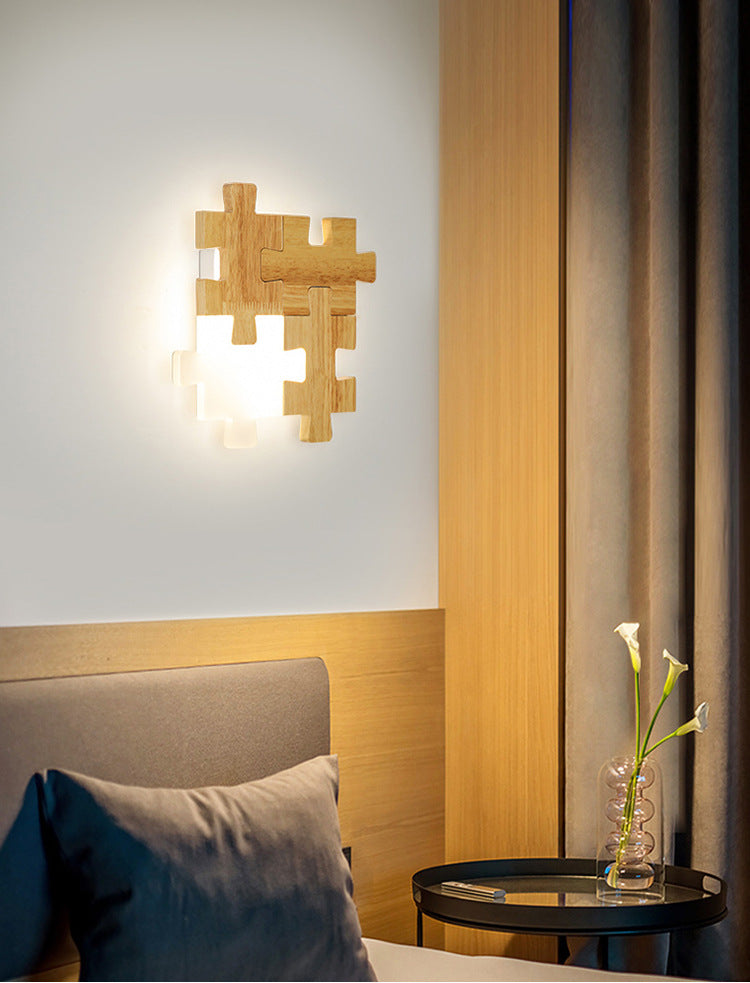 Jigsaw Puzzle Wall Mount Lamp Creative LED Wooden and Acrylic Shade Sconce Light for Bedroom