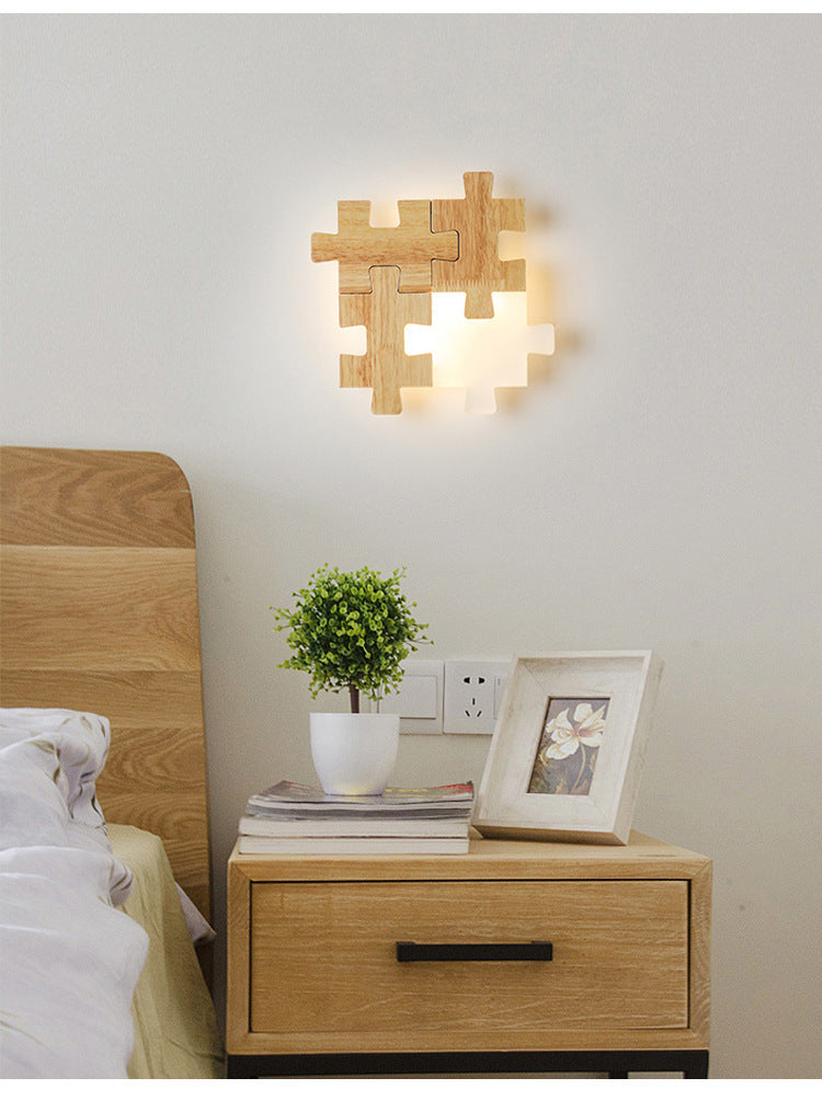 Jigsaw Puzzle Wall Mount Lamp Creative LED Wooden and Acrylic Shade Sconce Light for Bedroom