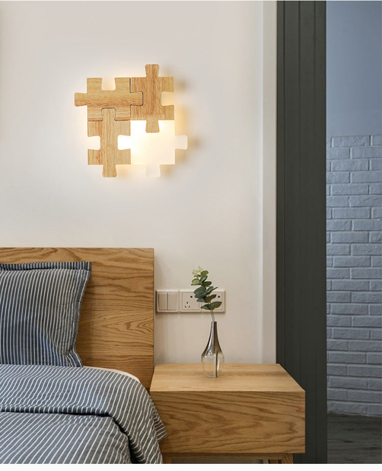 Jigsaw Puzzle Wall Mount Lamp Creative LED Wooden and Acrylic Shade Sconce Light for Bedroom