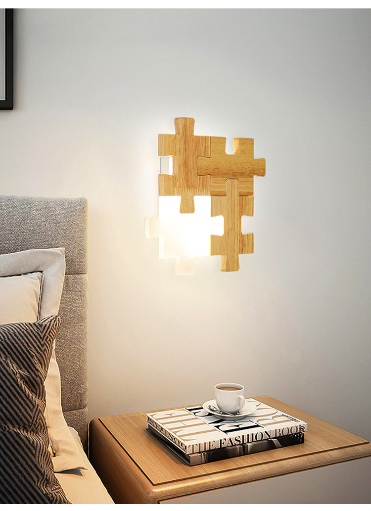 Jigsaw Puzzle Wall Mount Lamp Creative LED Wooden and Acrylic Shade Sconce Light for Bedroom
