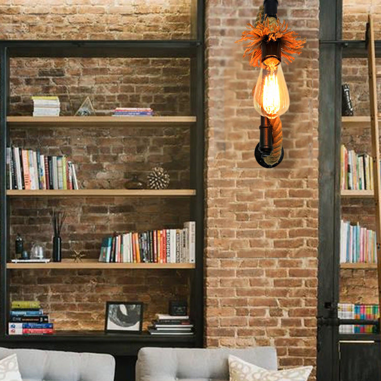 Industrial Style Wall Light Sconce Creative Jute Rope with Metal Plumbing Pipe