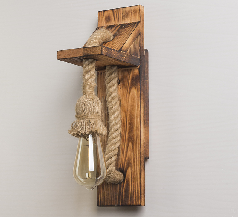 American Rustic Wall Sconce Wooden Natural Rope Sconce Light for Restaurant Coffee Shop