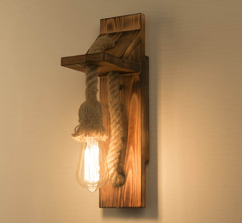 American Rustic Wall Sconce Wooden Natural Rope Sconce Light for Restaurant Coffee Shop