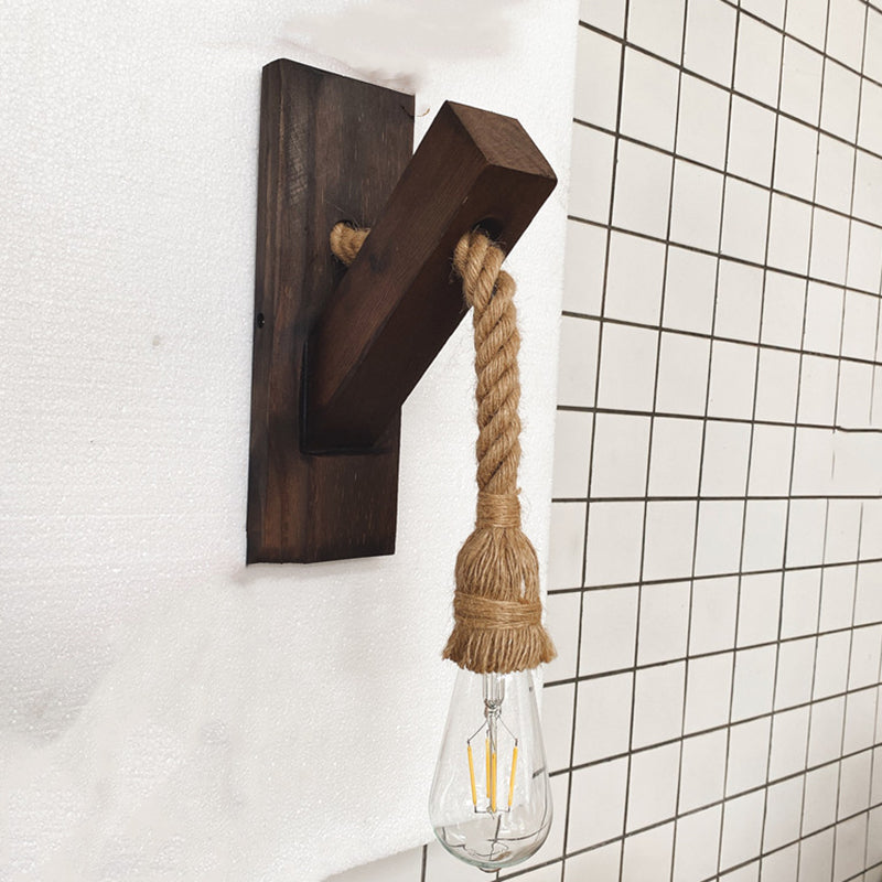 Bare Bulb Rope Wall Sconce Lighting Single Light Wooden Wall Lamp for Bar Restaurant