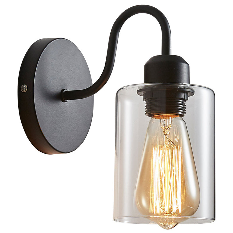Metal Armed Wall Sconce Single Light Wall Lamp with Cylinder Glass Shade for Bedroom