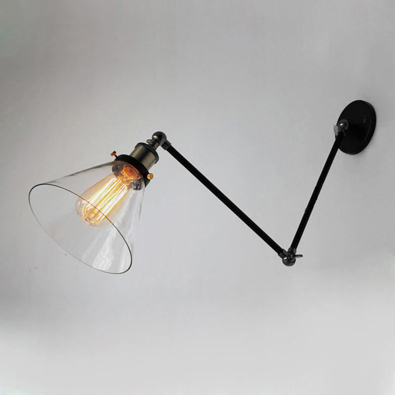 Swing Arm Wall Lamp Industrial Style Indoor Sconce Light with Conical Glass Shade