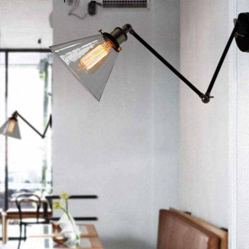 Swing Arm Wall Lamp Industrial Style Indoor Sconce Light with Conical Glass Shade