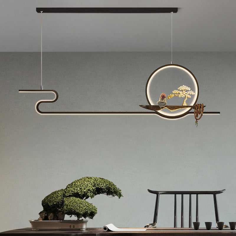 Minimalist Artistry Linear Hanging Lamp Metal Study Room LED Island Light with Monk and Tree Decor