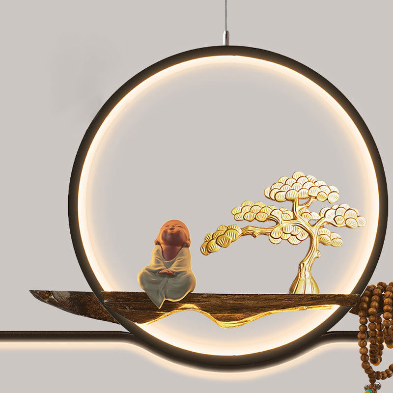 Minimalist Artistry Linear Hanging Lamp Metal Study Room LED Island Light with Monk and Tree Decor