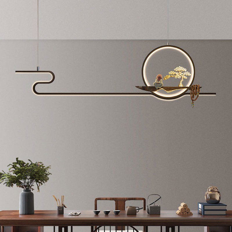 Minimalist Artistry Linear Hanging Lamp Metal Study Room LED Island Light with Monk and Tree Decor