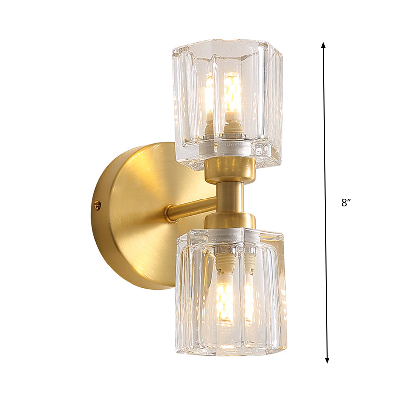 Tapered Living Room Wall Light Clear Crystal 2 Bulbs Modern Style Wall Sconce Lamp in Gold Finish